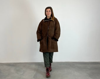Oversized Original Shearling vintage 80s piping / vintage oversized women's sheepskin / oversized women's shearling / vintage brown women's shearling