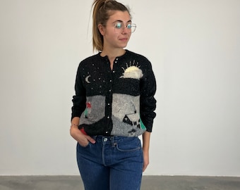 snowman Vintage 80s Cardigan / Vintage women's wool cardigan / Vintage lurex cardigan / Metallic women's sweater / Metallic sweater