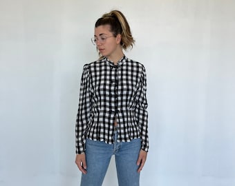 VICHY and toggles vintage 70s blouse / vintage vichy print women's shirt / vintage checked blouse / vintage vichy women's shirt white black