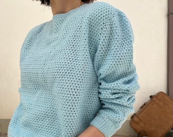 Handmade 80s vintage pullover / light blue vintage women's sweater / handmade vintage women's pullover / handmade vintage wool sweater