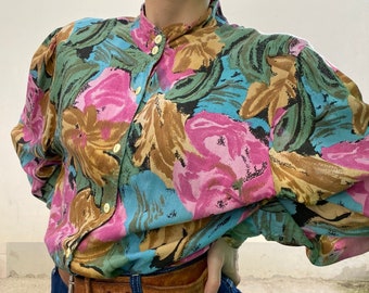 Rosa COTONE 70er Vintage Bluse/ Damenbluse mit Blumenmuster/ Baumwollbluse mit Gummizug/ Vintage Bluse/ Vintage Damenbluse