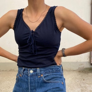S Women's stretch cotton bodysuit / midnight blue stretch vintage bodysuit / cotton bodysuit with wide shoulder straps and lace detail / retro bodysuit