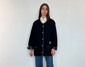 vintage austrian blazer / vintage austrian women jacket / vintage folk blazer / blue wool women blazer / oversized wool folk jacket