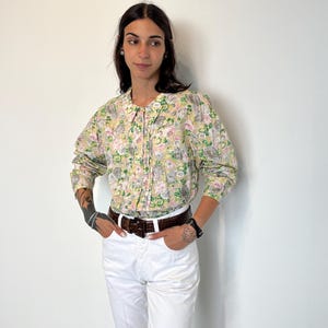 floral 100% cotton blouse vintage 80s / women&#39;s cotton shirt / vintage floral shirt / women&#39;s cotton long sleeve flower shirt