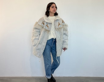 Reindeer Shearling vintage fur / real vintage fur / Christmas fur / vintage short fur / white vintage women's shearling