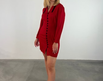 Vintage 70s red sheath dress / elegant red dress with black trim / vintage red cady sheath dress / elegant red-black vintage dress S/M