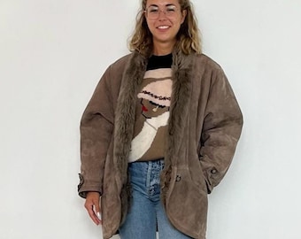 Veste Cuir Vintage Gris Daim Années 80/90 – Taille S, Style Bomber, Cuir Mouton, Faite Main