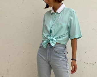 Mint Vintage Polo Shirt / Vintage Mint Women's Polo Shirt / Vintage Summer Blouse / Vintage Short-Sleeved Blouse with Polo Collar