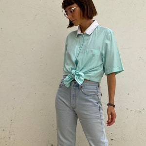 Mint Vintage Polo Shirt / Vintage Mint Women's Polo Shirt / Vintage Summer Blouse / Vintage Short-Sleeved Blouse with Polo Collar