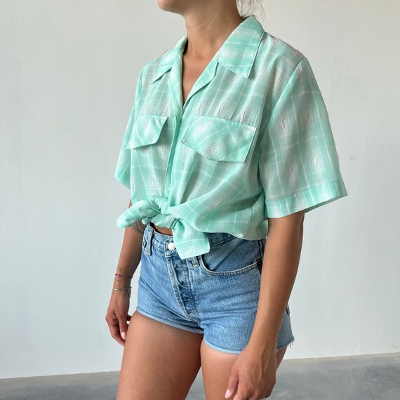 Pastel tartan vintage 70s blouse / vintage check … - image 5