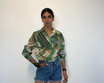Abstrakt djungelblus vintage 70-tals / mönstrad damskjorta / abstrakt vintageskjorta, långärmad damskjorta / abstrakt vintageblus