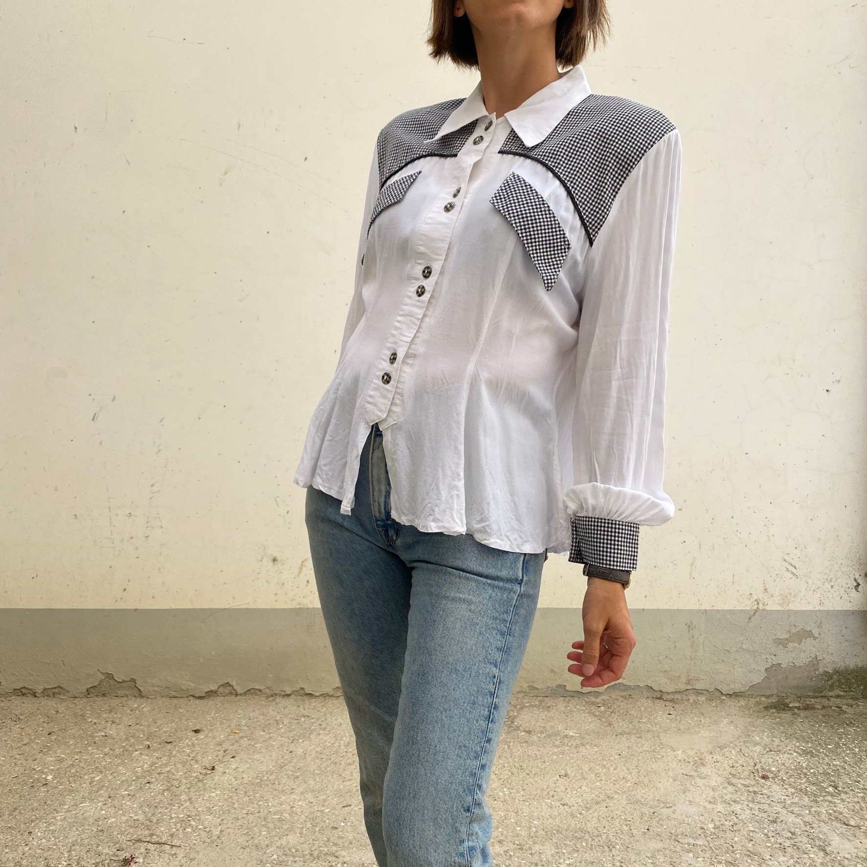 VICHY B/w Vintage Blouse 70s / Vintage 
