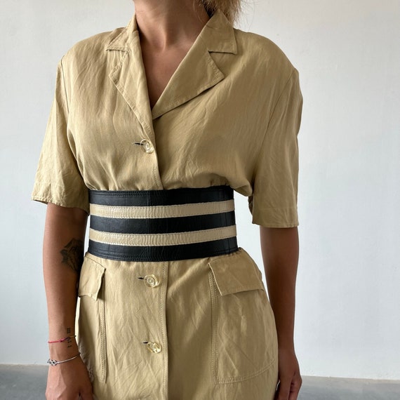 Safari with straps Vintage 70s dress / beige safa… - image 5