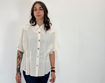 Blusa blanca vintage de los años 70 / Camisa blanca vintage de mujer / Blusa vintage con botones metálicos / Blusa vintage elegante / Blusa vintage con tirantes