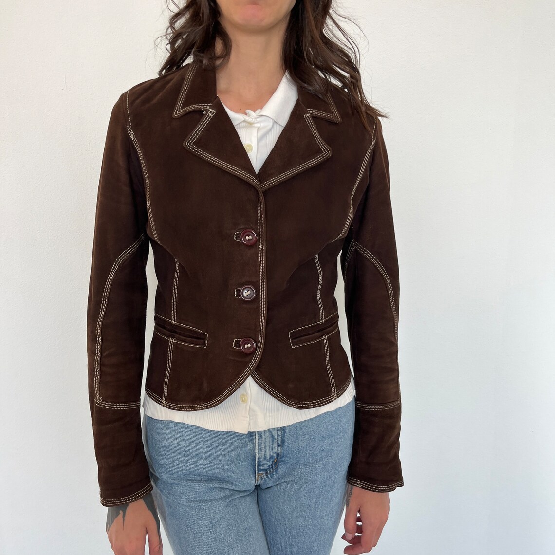 xs/s Blazer suede vintage / giacca di pelle marrone / Giacca suede/ leather vintage jacket / blazer donna camoscio / giacca suede brown, Foto 3 von 5