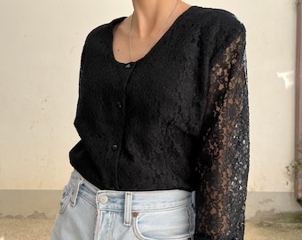 LACE Vintage 80s Top / Vintage Women's Shirt with Lace Embroidery / Vintage Black Top with Lace / Elegant Women's Vintage Lace Shirt