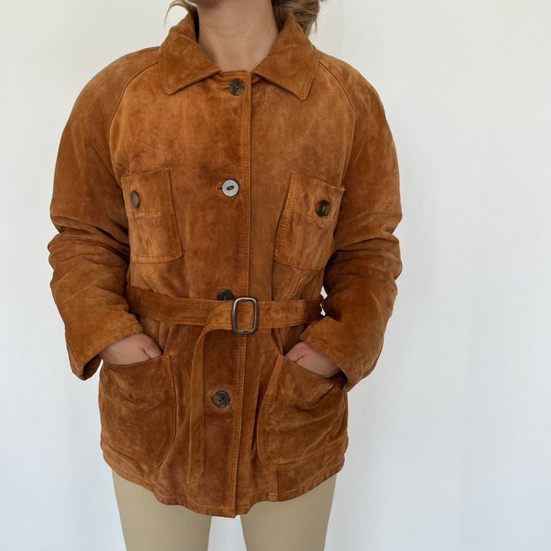 Vintage heavy suede jacket/ vintage leather padded jacket/ women vintage suede winter jacket/ heavy leather trench jacket image 4