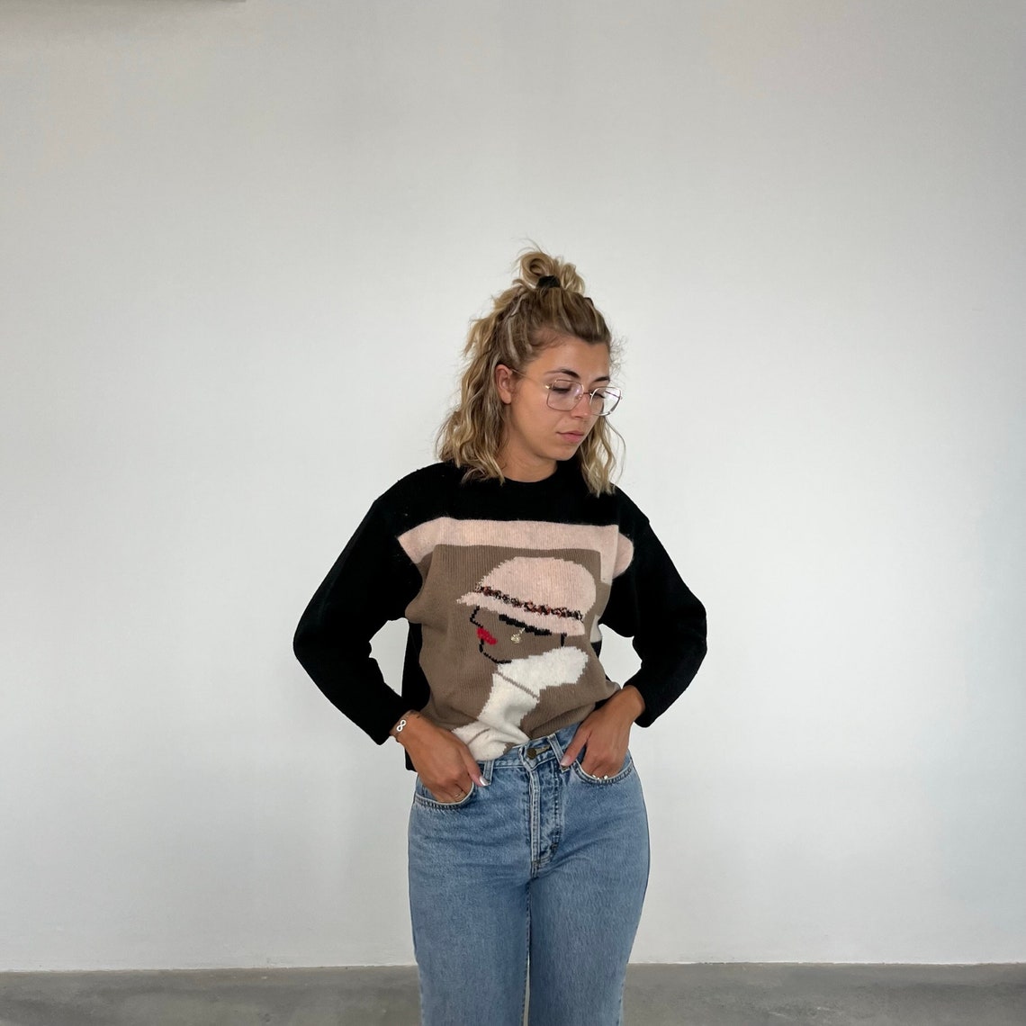 Morbido Maglione vintage 80s / maglione donna vintage stampa donna '20/ Maglione donna invernale vintage / pullover donna corto lana mohair, foto 3 di 5