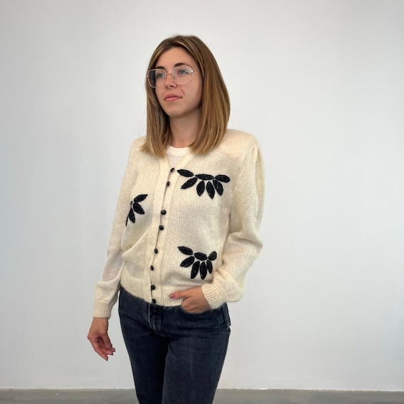 HANDMADE Cardigan panna vintage 80s / cardigan donna vintage spalline/ Maglione donna in lana  vintage / cardigan spalline fatto a maglia