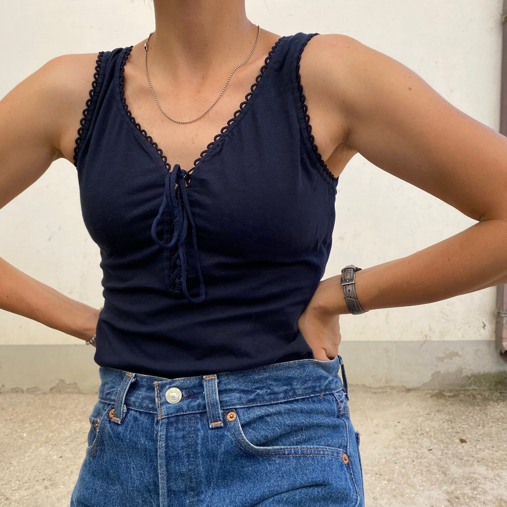 S Women's stretch cotton bodysuit / midnight blue stretch vintage bodysuit / cotton bodysuit with wide shoulder straps and lace detail / retro bodysuit