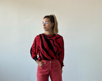 HAND MADE 80s vintage sweater / knitted vintage women's sweater / vintage tailored women's sweater / black red oversized sweater