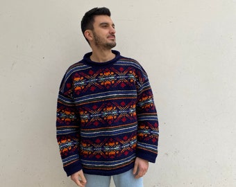 Fair Isle hand made wool pullover / handmade pure wool sweater vintage 80s / vintage fair isle men's sweater / chunky wool sweater