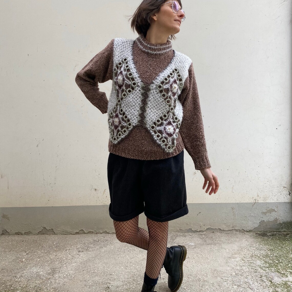 Pullover gilet  vintage / maglione effetto spugna e gilet effetto neve / pullover vintage 80s crop / Maglione vintage donna  corto a gilet, foto 3 di 5