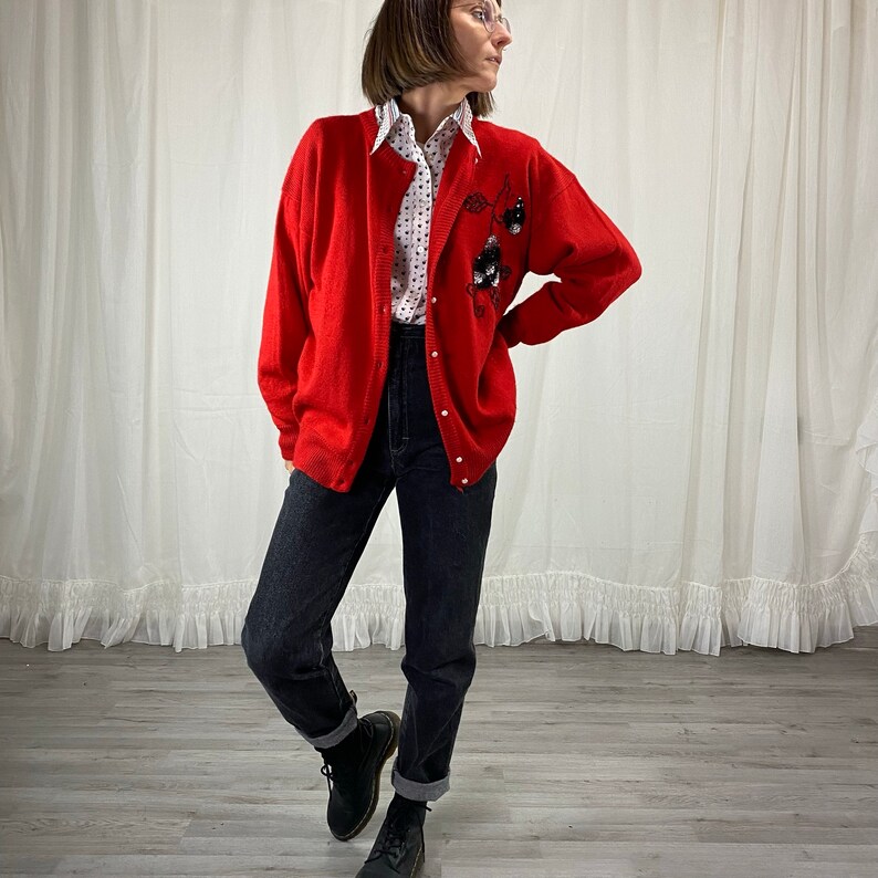 red sequin cardigan