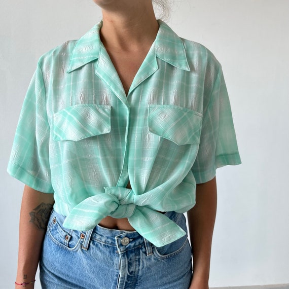 Pastel tartan vintage 70s blouse / vintage check … - image 6