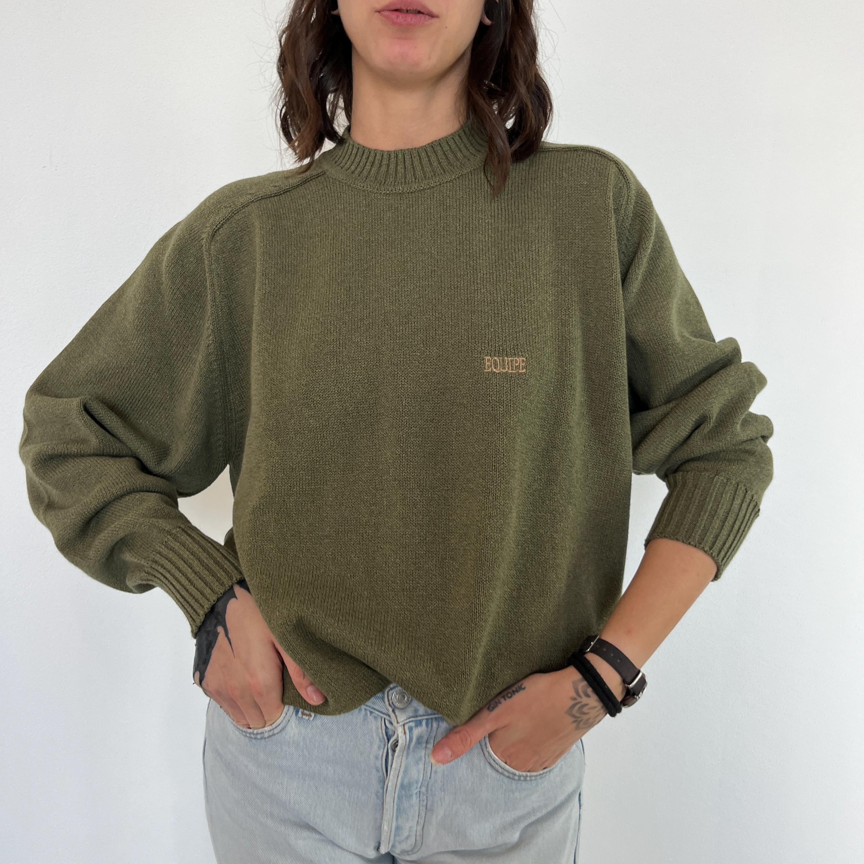 Vintage 80s sweater / Vintage turtleneck sweater / Army green women's sweater / Vintage cotton crewneck sweater / 80s raglan sweater