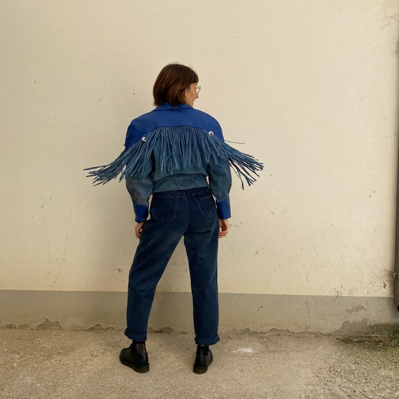 vintage fringed leather jacket Fringed leather suede jacket Vintage suede leather jacket 80s Vintage leather nail with blue fringe