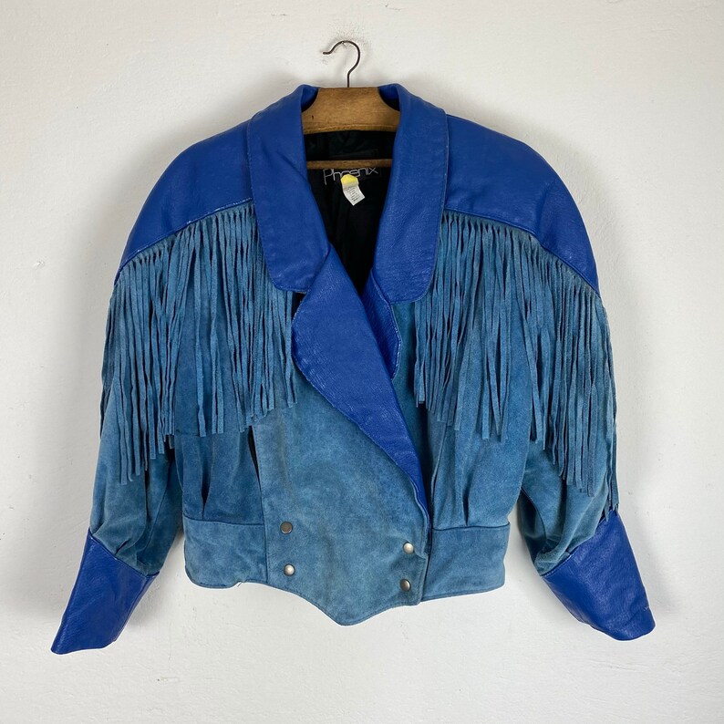 vintage fringed leather jacket Fringed leather suede jacket Vintage suede leather jacket 80s Vintage leather nail with blue fringe
