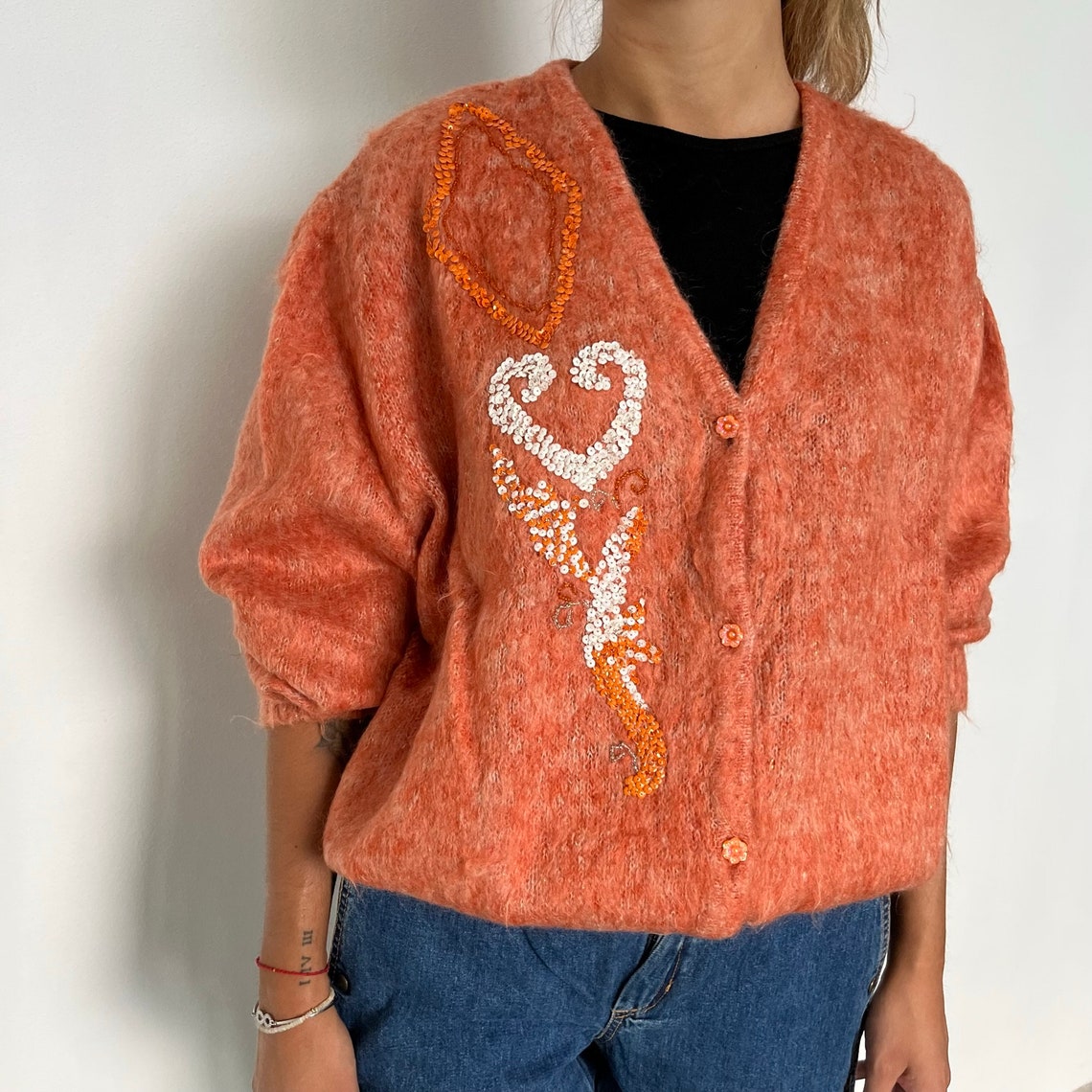Lana e Mohair Cardigan 80s / Cardigan donna vintage in lana mohair / Cardigan vintage peloso / maglione donna vintage oversize mohair, foto 4 di 5