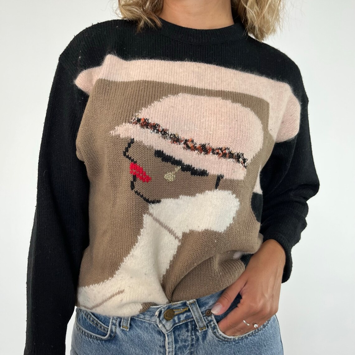 Morbido Maglione vintage 80s / maglione donna vintage stampa donna '20/ Maglione donna invernale vintage / pullover donna corto lana mohair, foto 4 di 5