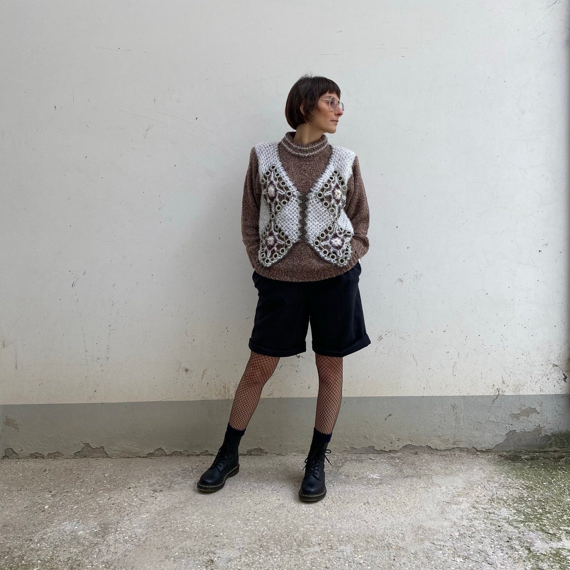Pullover gilet  vintage / maglione effetto spugna e gilet effetto neve / pullover vintage 80s crop / Maglione vintage donna  corto a gilet, foto 2 di 5