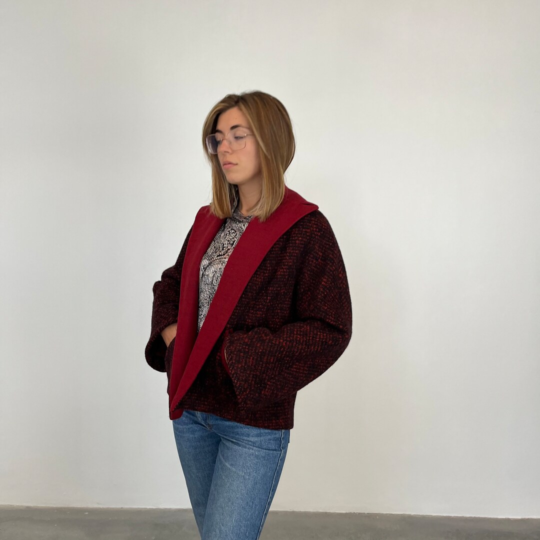 NEW Vintage 90s Burgundy Coat / Short Bouclé Wool Coat / Women's Short