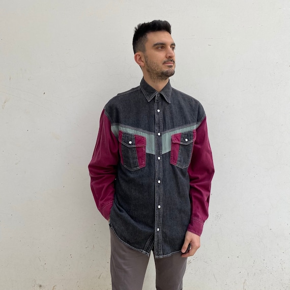 Purple colorblock denim Vintage 70s shirt vintage