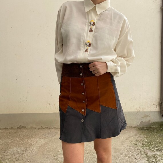 Vintage leather skirt and suede  vintage leather miniskirt  suede miniskirt  vintage leather miniskirt 80s short leather skirt S