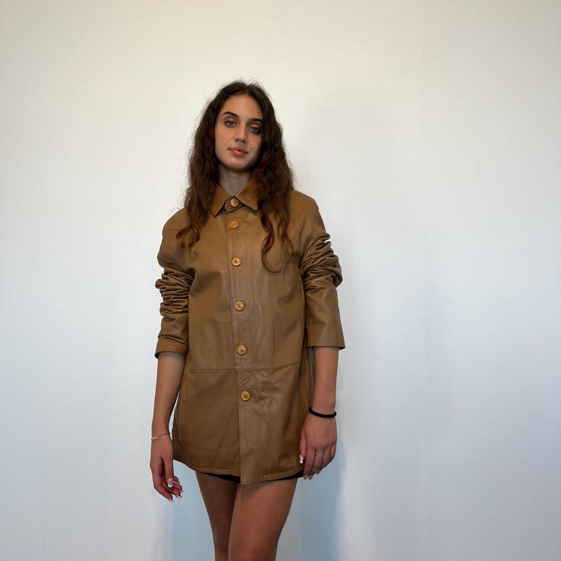 Nappa Leather vintage jacket / Vintage nappa leather shirt jacket / Women's beige leather jacket / Women's brown leather shirt vintage image 1