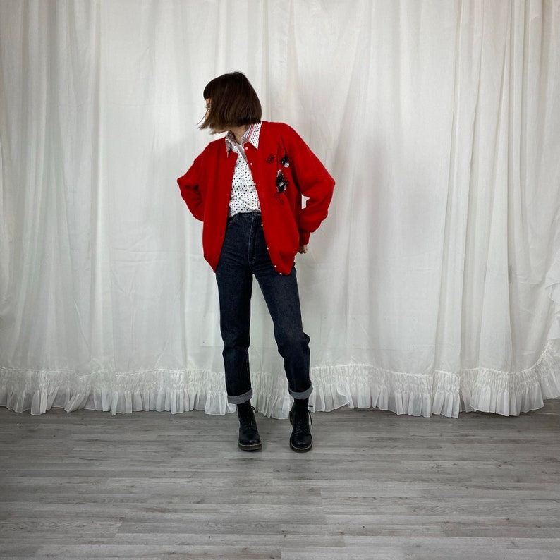 red sequin cardigan