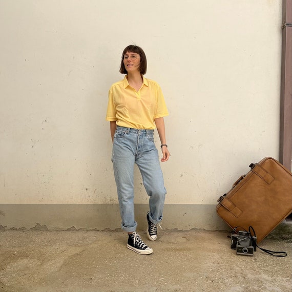 Pastello Polo vintage 90s / camicia donna vintage giallo canarino / camicia donna estiva vintage / polo donna maniche corte vintage giallo