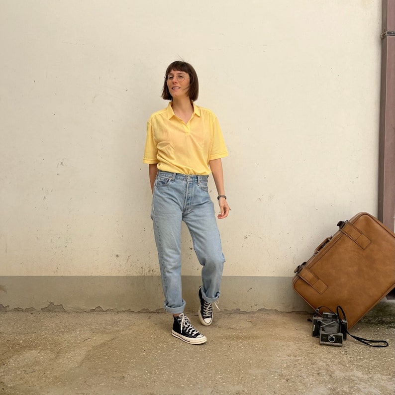 Pastel 90s vintage polo shirt / canary yellow vintage women's shirt / vintage summer women's shirt / vintage yellow short-sleeved women's polo shirt image 1