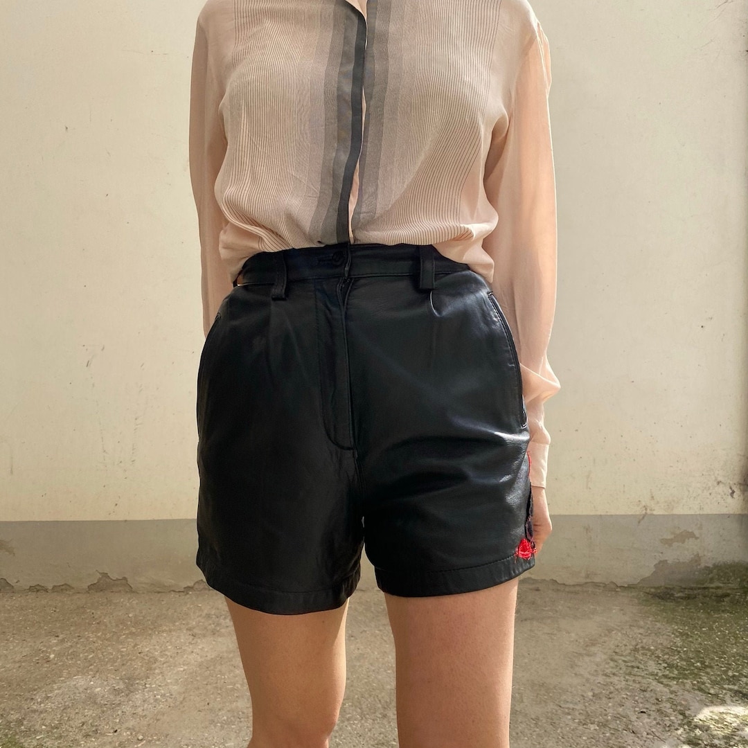 XS S Leather Shorts With Rose Vintage Leather Shorts Black Leather Shorts Women s Leather Bermuda With Embroidery 90s Vintage Leather Shorts