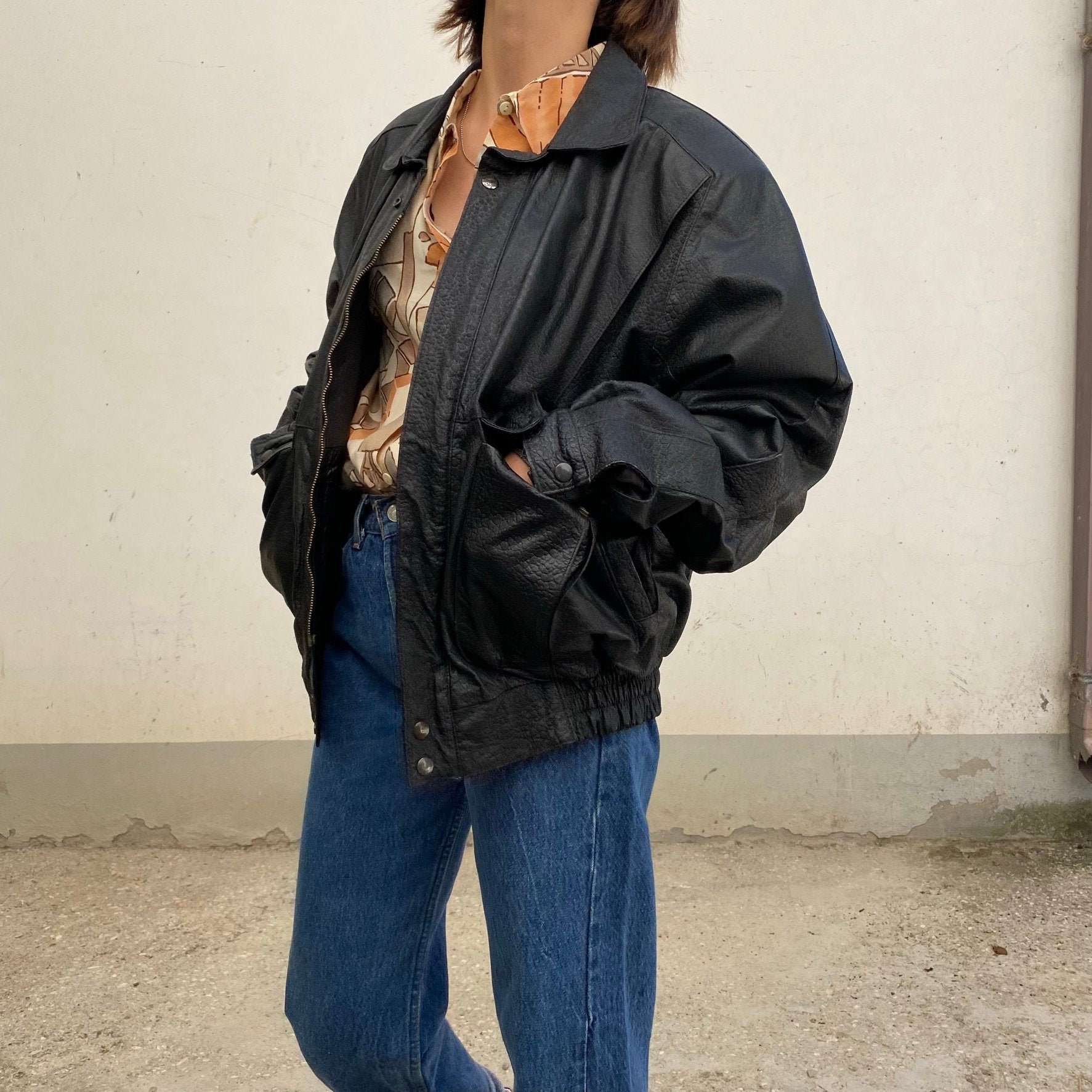 Veste bomber en cuir M L Oversize des ann es 80 Veste en cuir