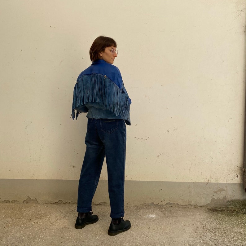 vintage fringed leather jacket Fringed leather suede jacket Vintage suede leather jacket 80s Vintage leather nail with blue fringe