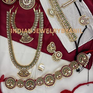 Ensemble de bijoux de danse Bharatanatyam Kemp | Temple Jewelry Haram long, collier court, Vaddanam, casque, Rakodi et bracelets joncs