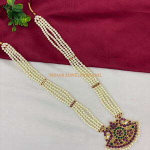 4 Line Pearl Haram with Kemp Pendant | Bharatanatyam Dance Jewelry | Temple Necklace | Arangetram Jewelry