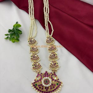 Bharatanatyam Kemp Stone Long Haram Necklace: South Indian Temple Jewelry