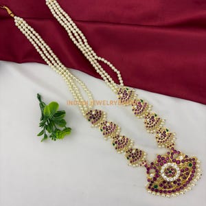 Bharatanatyam lange Haram Halskette | Traditionelles Tempel Schmuck-Set | Kemp Stone Indianertanz Halskette