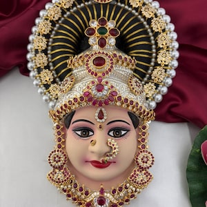 Decorated Varalakshmi Ammavaru Face with Jewelry | Lakshmi Face Idol for Vratham | Pooja Decoration Set | German Silver Face with Crown